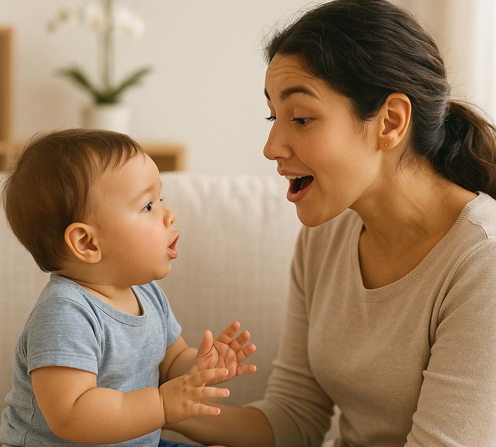 niño pequeño balbuceando mientras su madre le habla — desarrollo del lenguaje infantil