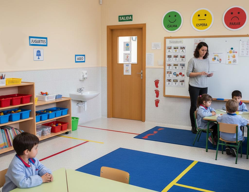 Señales visuales de apoyo

La señalización visual convierte el entorno en un mapa comprensible, algo imprescindible para niños que requieren mayor estructuración. Estas señales ayudan a saber dónde ir, qué hacer, qué normas seguir y qué se espera en cada espacio.

Existen diferentes tipos de apoyos visuales, todos ellos complementarios:

Etiquetas ambientales para identificar puertas, cajas, estanterías o zonas del aula.

Códigos de colores, muy útiles para organizar materiales, roles o espacios.

Marcadores espaciales como flechas o puntos de referencia para orientarse.

Señalética de normas (esperar, parar, ayuda), que facilita la autorregulación.

Semáforos emocionales, empleados para indicar niveles de alerta o calma.

SAAC señales visuales de apoyo