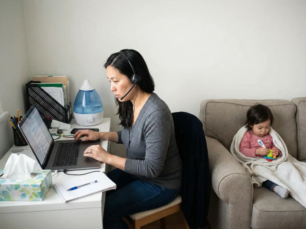 Madre teletrabajando con su hija enferma descansando en el sofá, ejemplo de conciliación durante enfermedad infantil