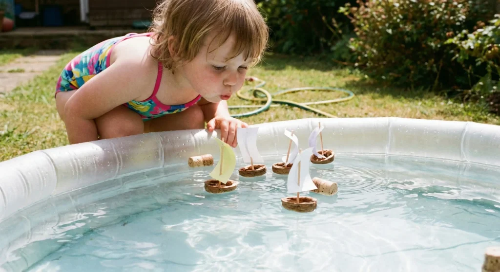 En una carrera de barcos, el niño aprende a soplar continuo y suave para mantener la dirección