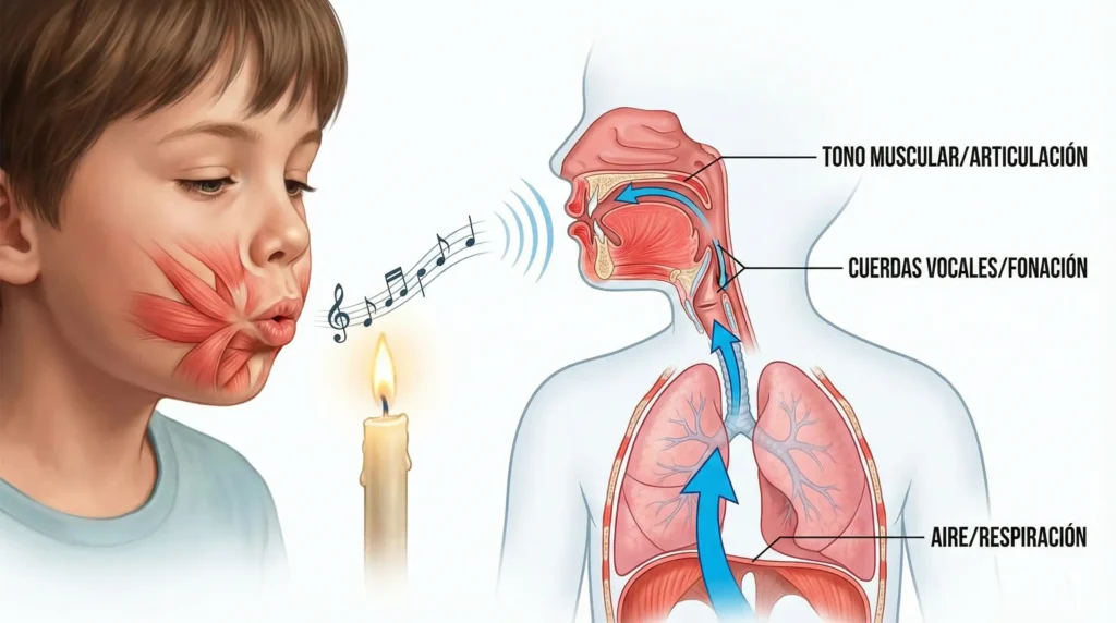 Infografía que muestra la anatomía interna del soplo y cómo entrena la respiración y los músculos del habla en niños