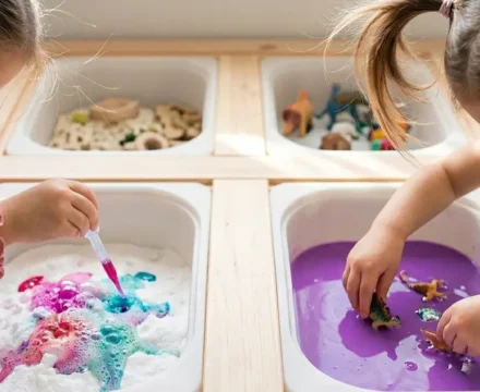 Un primer plano de dos niñas pequeñas participando en actividades para mesa FLISAT de Ikea. Una niña a la izquierda, con una camisa rosa con volantes y cabello castaño claro, usa una pipeta con líquido magenta en un recipiente con polvo blanco y manchas de colores. Otra niña a la derecha, con un top verde claro de canalé y el cabello en dos coletas altas, sumerge sus manos en un recipiente con líquido morado y pequeños dinosaurios de juguete. En el fondo, otros recipientes contienen materiales de madera, elementos naturales y juguetes