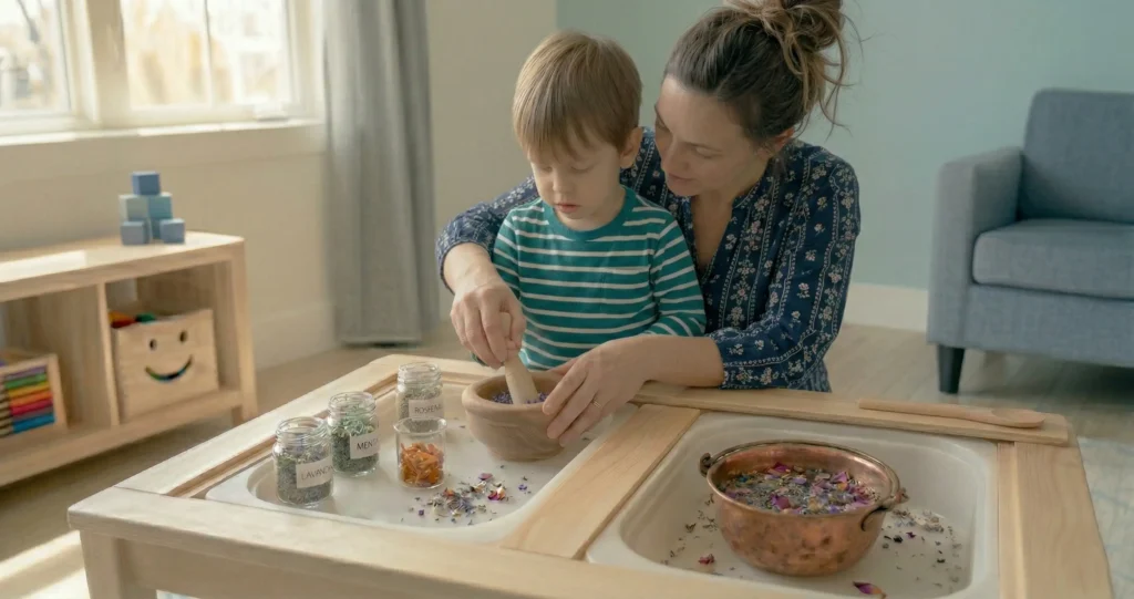 Laboratorio de boticario antiguo estimula el olfato y la coordinación al moler elementos naturales