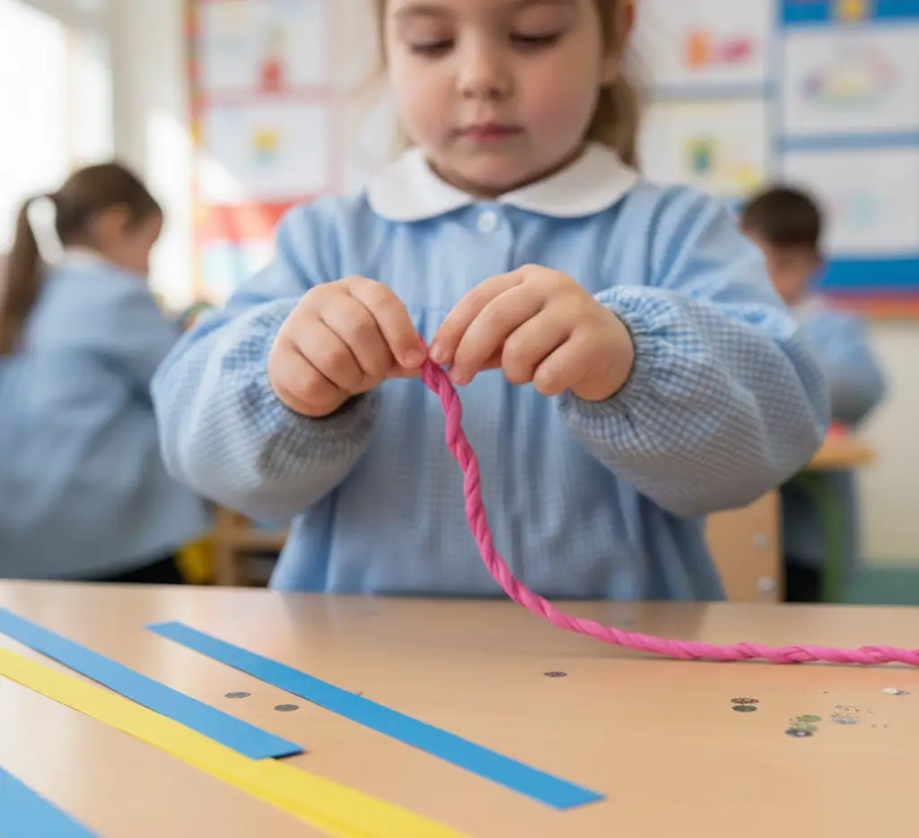 entorchado con tiras de papel niña realizando la técnica de entorchado con tiras de papel