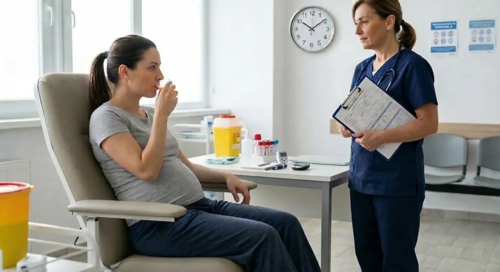 La mujer debe tomar una solución con 50 gramos de glucosa y se le realiza un análisis de sangre tiempo después