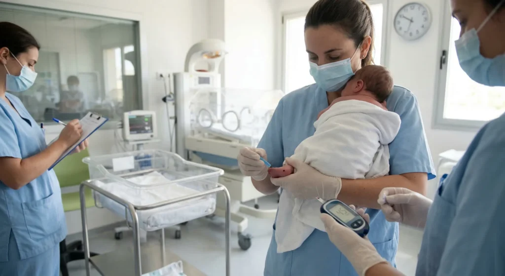 Al recién nacido de una mujer afectada con DG se le monitoriza y realiza control de glucosa durante las primeras horas de vida