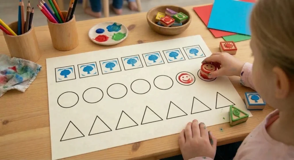 Actividad de estampado dentro de las figuras para trabajar la coordinación óculo-manual