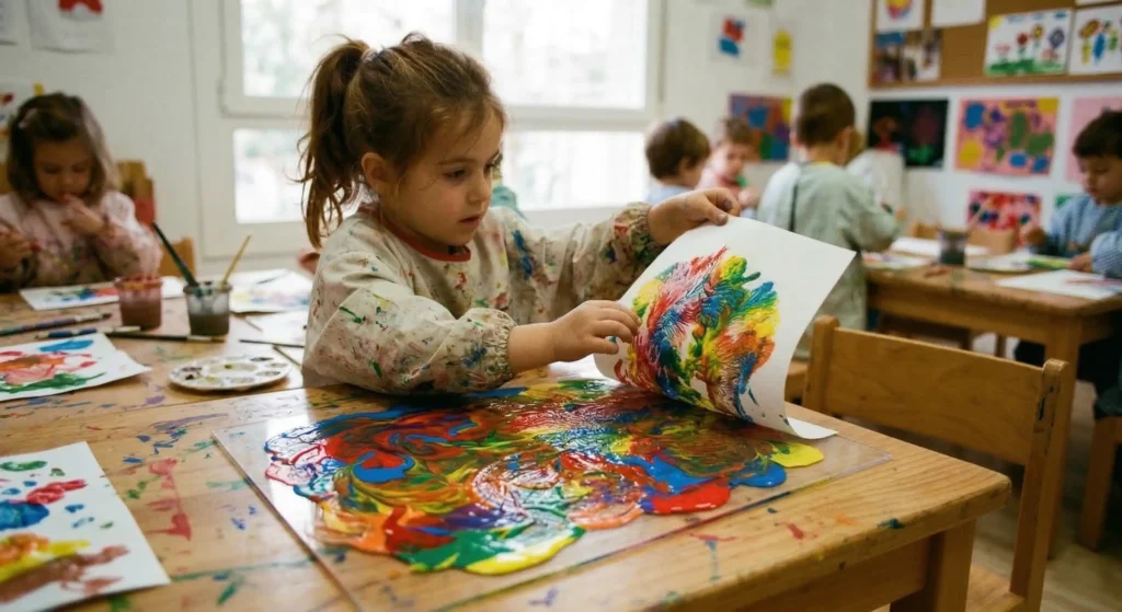 Una niña trabajando la variante de decalcomanía "transferencia por soporte externo"