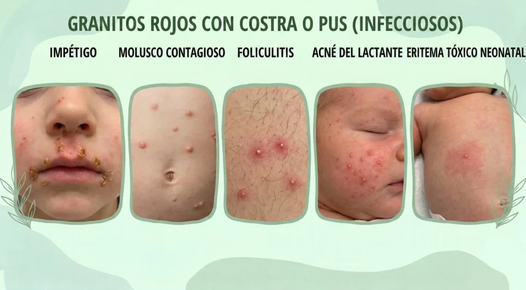 Los granos rojos costrosos los encontramos en cuadros de impétigo, molusco, acné del lactante, foliculitis o Eritema tóxico neonatal