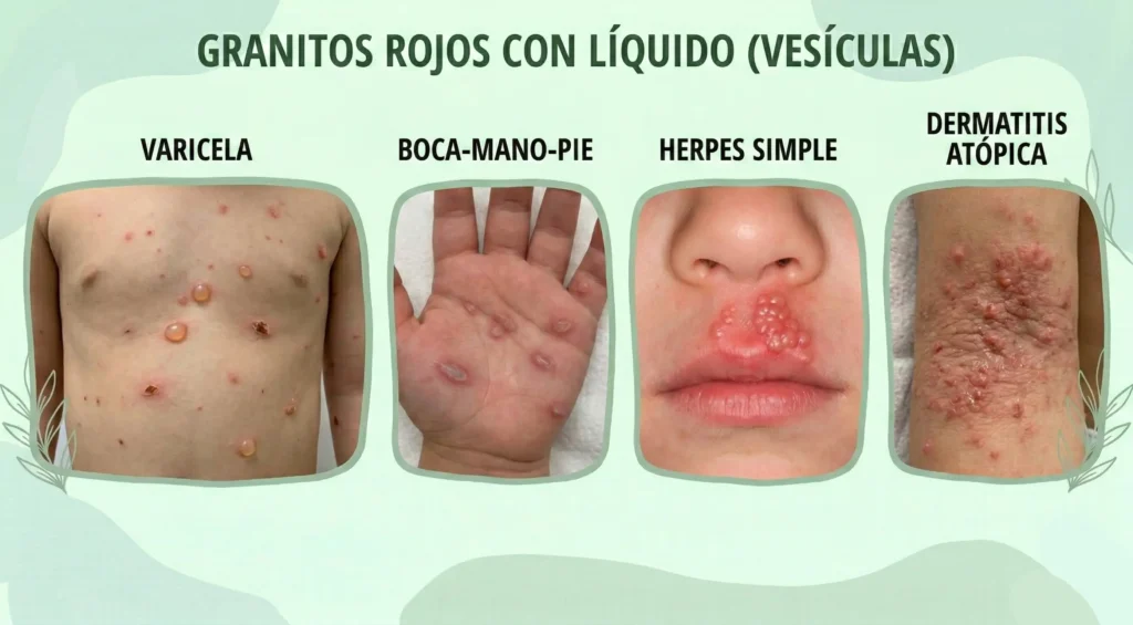 Los granos rojos con líquido en niños aparecen cuando se padece varicela, boca-mano-pie, herpes simple o brotes de dermatitis atópica