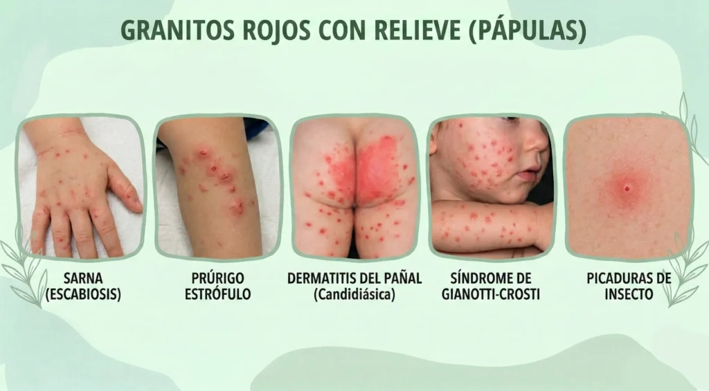 Con relieve evidente encontramos sarna, Prúrigo estrófulo, dermatitis del pañal, Síndrome de Gianotti-Crosti y por picaduras que se complican
