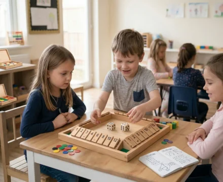 Niños en ludoteca jugando a juegos de mesa específicos para mejorar habilidades matemáticas en la infancia