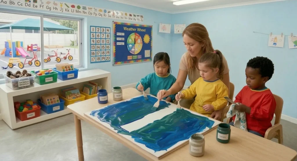 Maestra mostrando cómo se lleva a cabo la técnica de pintura con herramientas de arrastre