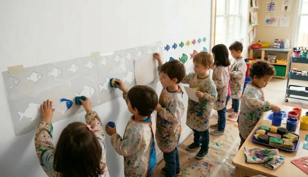 Uso de plantillas con hueco para actividad de estarcido a gran escala en escuela infantil