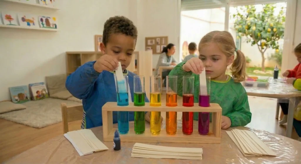 Niños descubriendo la tira de papel absorbe el agua y cambia de color