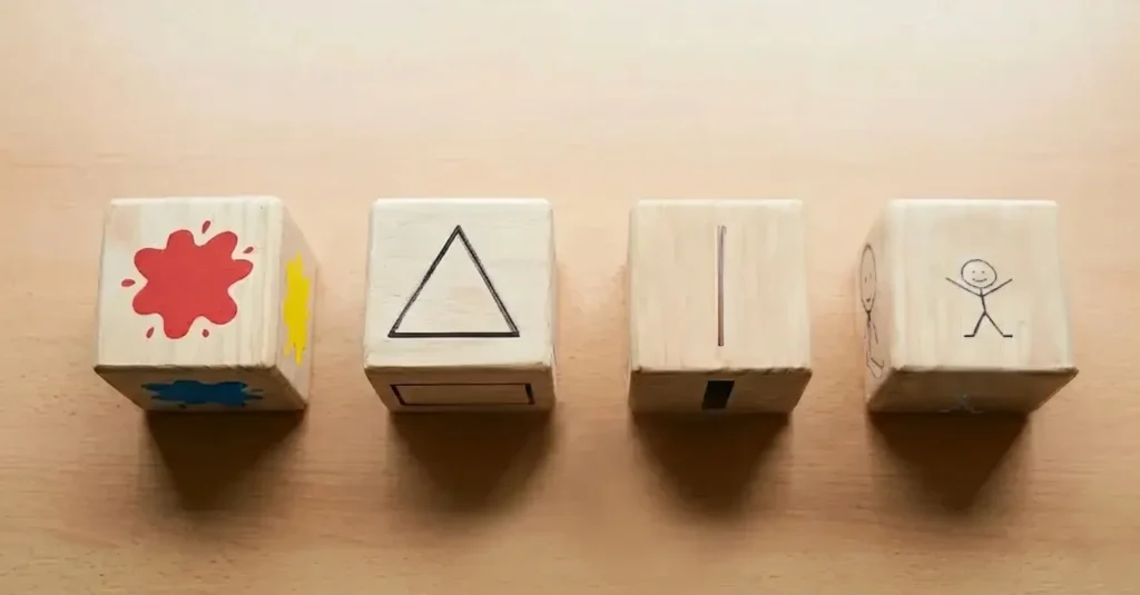 Los dados para jugar con los bloques lógicos de Dienes aportan un aspecto más lúdico y nos acercan a este recurso clave en juegos de mesa así como a los conceptos de probabilidad, azar, etc.