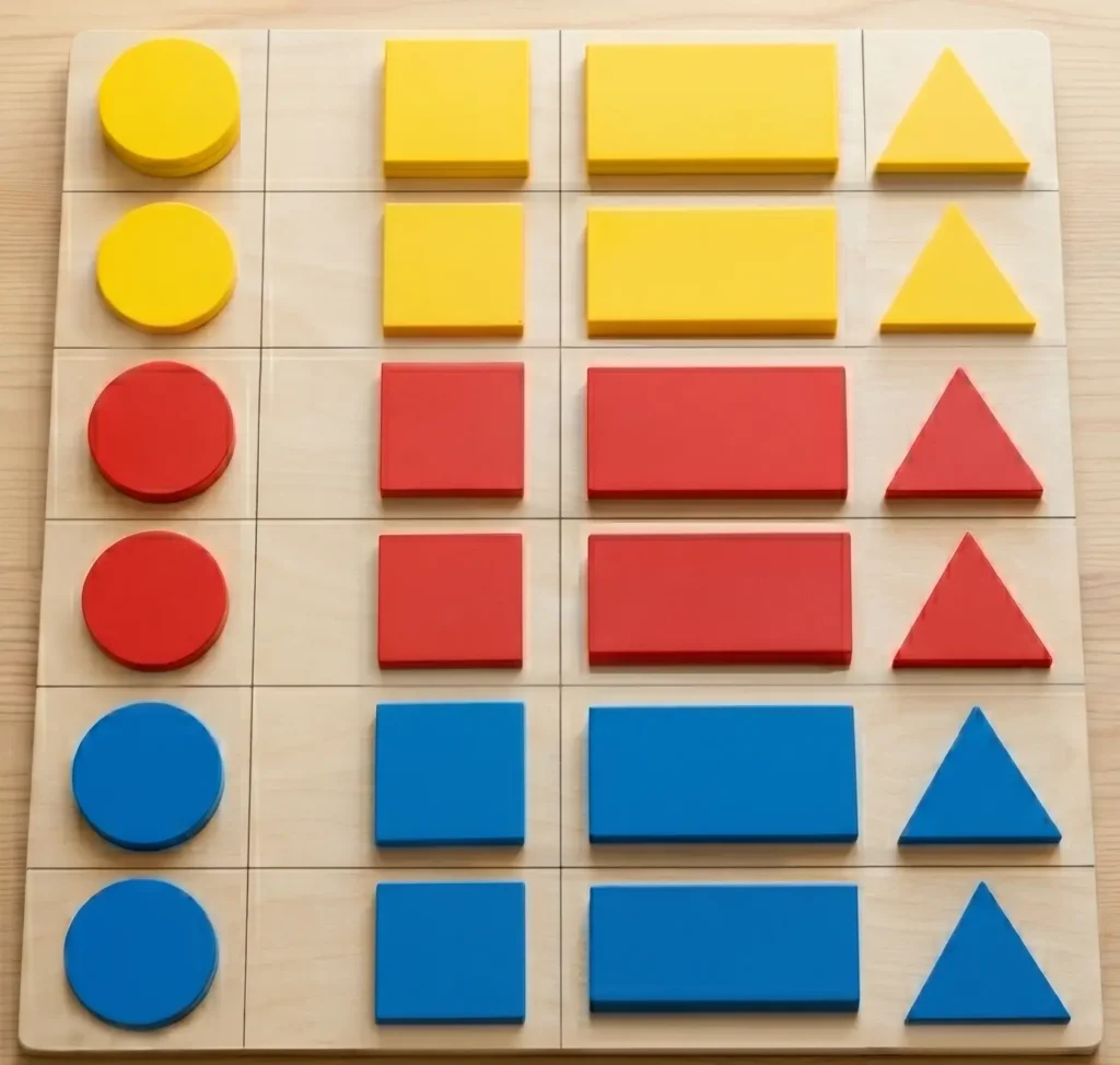 Conjunto de piezas pequeñas ordenadas por forma, color y grosor
