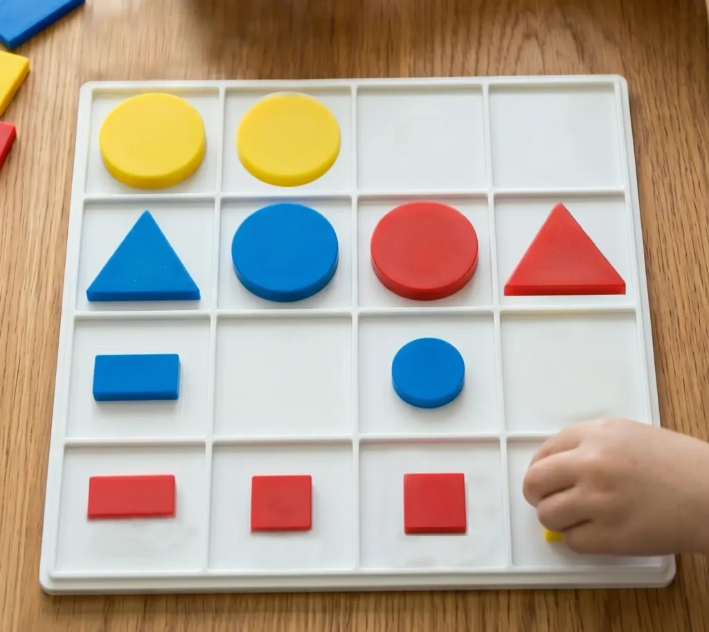Actividad competitiva con bloques de Dienes en mitad de proceso, rellenando una cuadrícula a base de movimientos de transformación