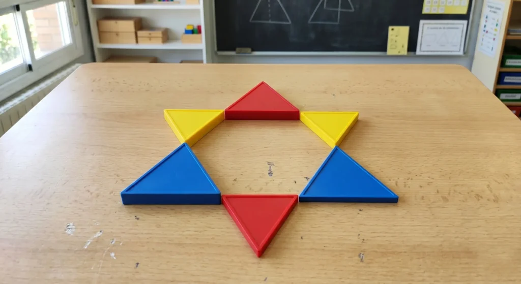 juego de construcción figura geométrica con bloques lógicos Figura formada con bloques de dienes triangulares durante una sesión de aproximación al recurso en la cual se permite el juego libre y culmina con la construcción en plano