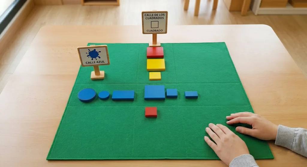 actividad Cruce de caminos con bloques de Dienes, ejecutada para comprender la superposición en las actividades de ordenación con aros