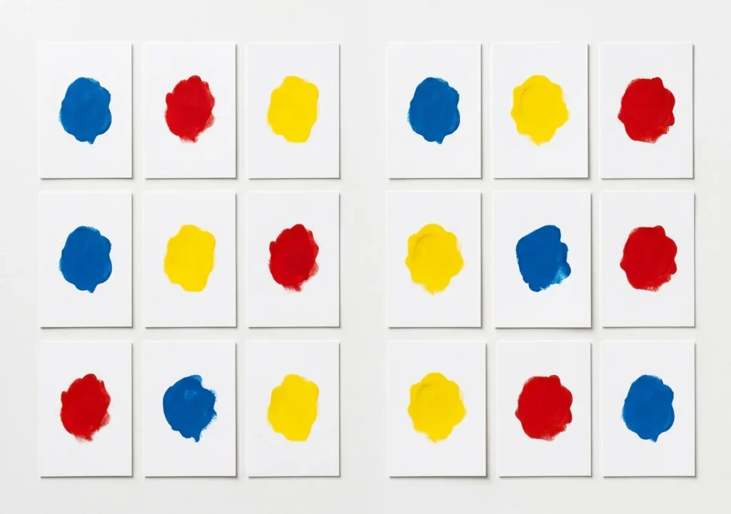 Estos son los 6 patrones de color que pueden darse a la hora de jugar a hacer diferentes serpientes de color con los bloques lógicos de Dienes