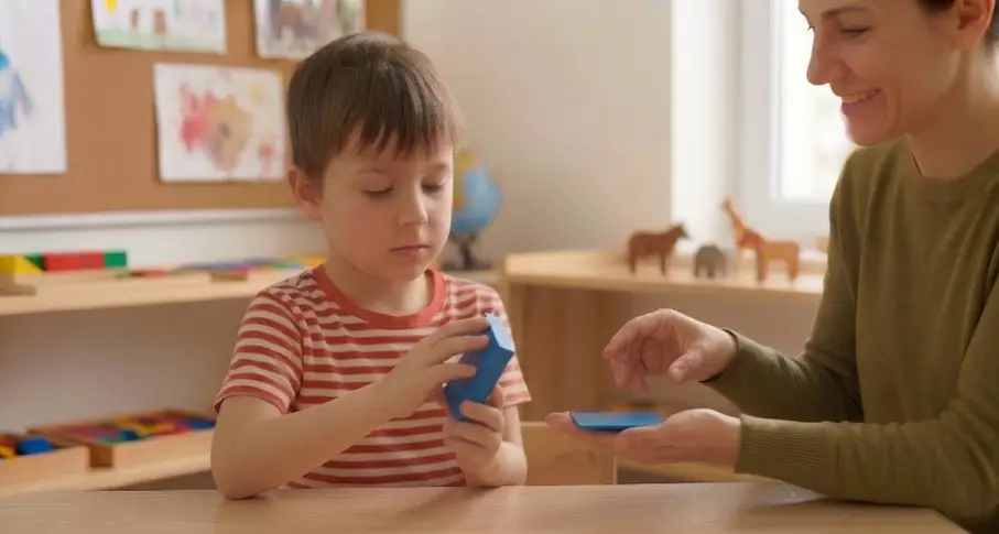 Ejercicio con bloques de Dienes para familiarizarse con el concepto de grosor usando solo el tacto para reconocer cómo son las piezas