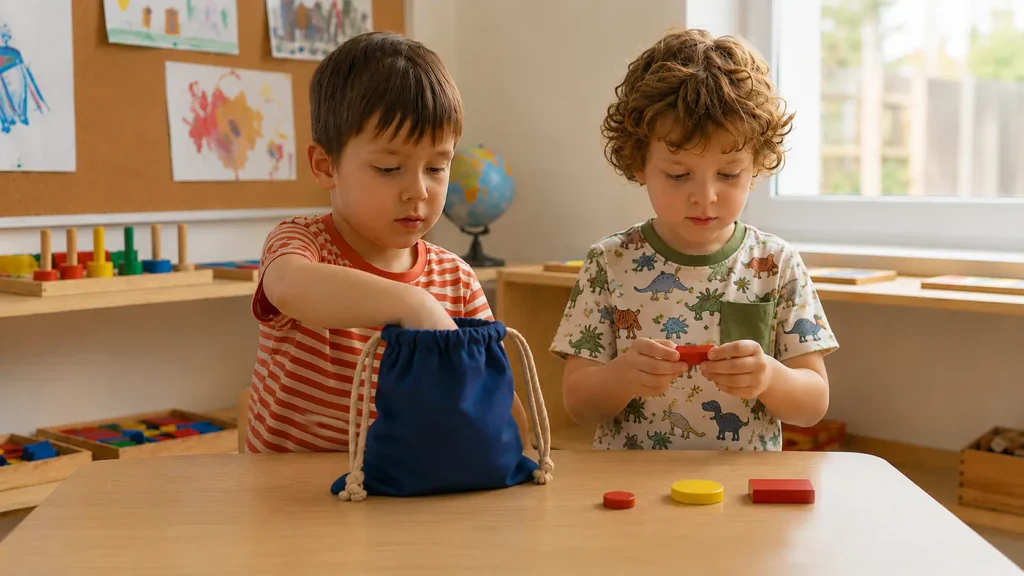 Juego con bloques lógicos de Dienes pensado para estimular el tacto, la percepción y el reconocimiento de los atributos grueso y delgado