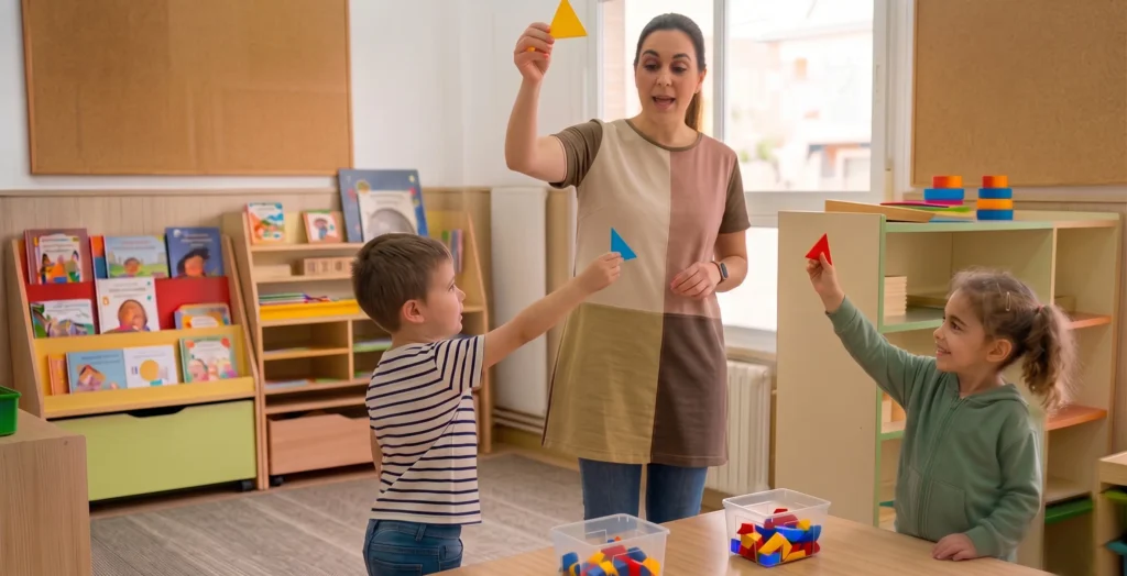 Actividad de transformación con los bloques lógicos de Dienes en la que cada niño escoge una pieza que presente dos atributos diferentes respecto a la pieza de muestra