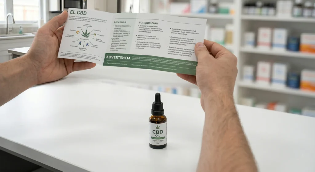 Una toma de ángulo medio desde atrás de un hombre sosteniendo un folleto informativo abierto titulado "EL CBD" con texto en español y diagramas. El folleto detalla beneficios, ciencia, composición y guía de uso. Frente a él, en una encimera blanca de una farmacia borrosa con estantes de medicamentos, hay una pequeña botella de vidrio ámbar de aceite de CBD con un gotero.