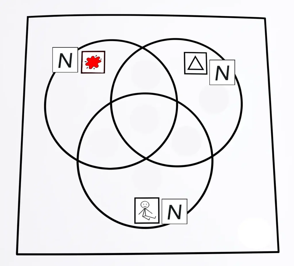 Actividad de ordenación de bloques de Dienes con 3 aros y uso de la negación