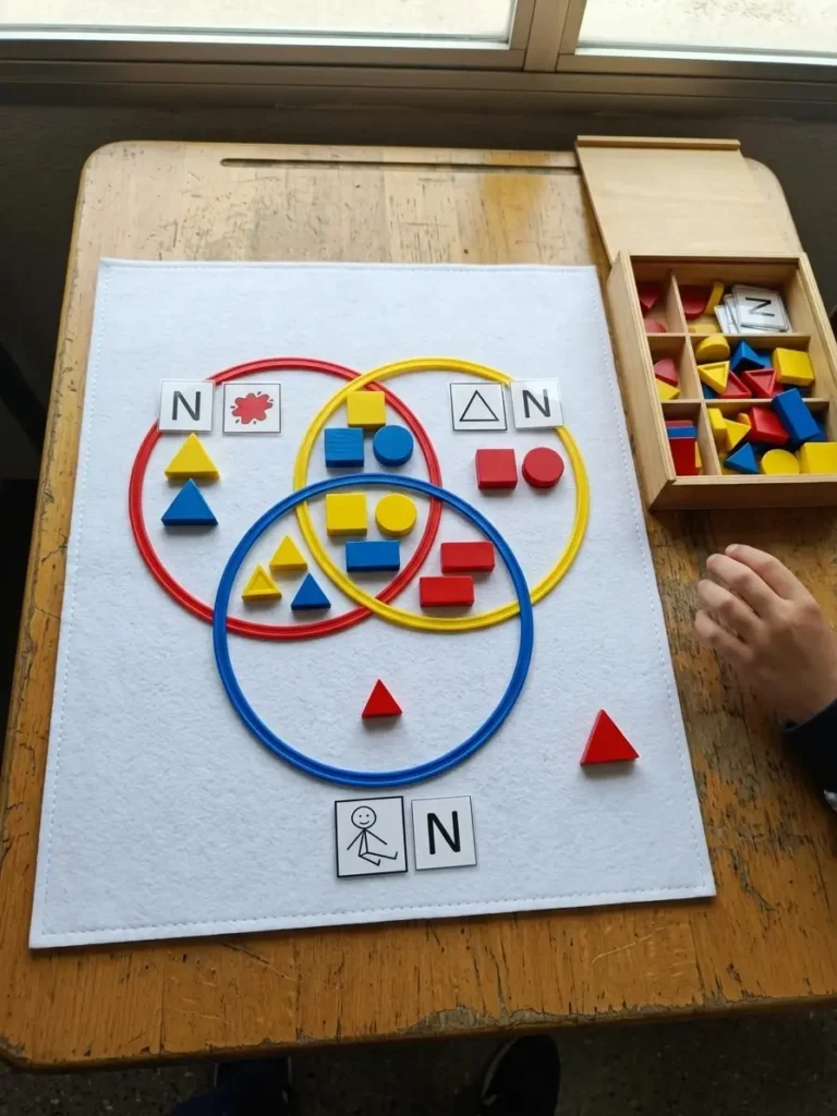 Actividad de ordenacion de bloques de Dienes con 3 aros y negación ejemplo real