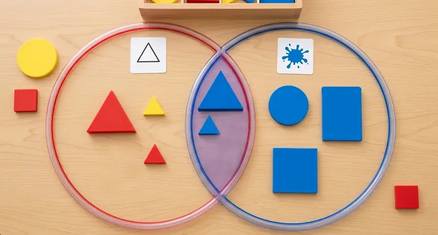 Resolución de juego de Dienes ordenando los bloques lógicos con aros
