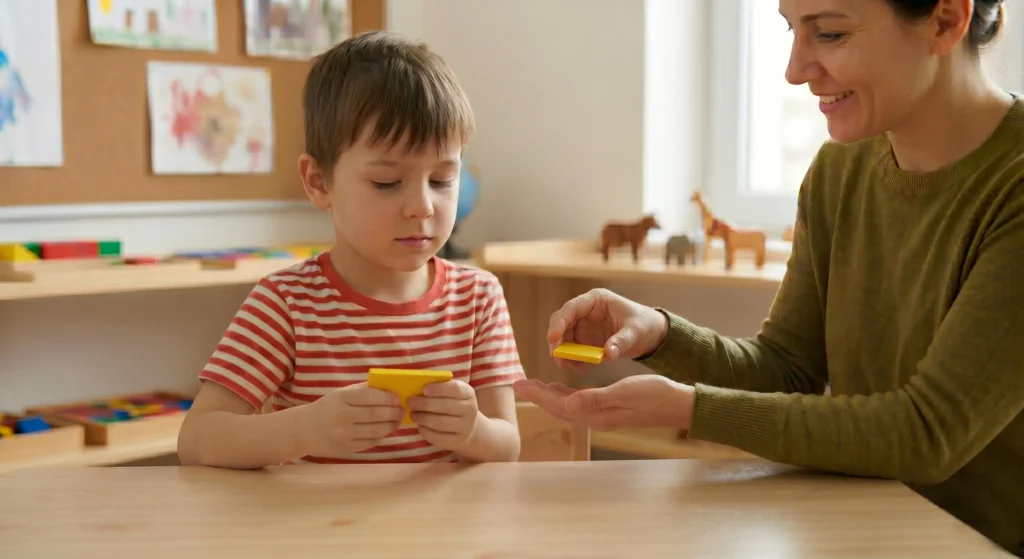 Niño reconoce sin mirar el tamaño, grande, de la pieza que la maestra le ofrece