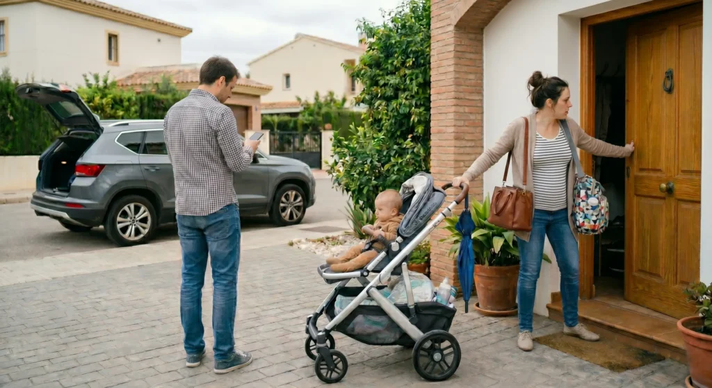 ausencia de corresponsabilidad en la paternidad al encontrar un padre que atiende su teléfono mientras la madre se encarga del hijo, la casa y todo lo que ello conlleva